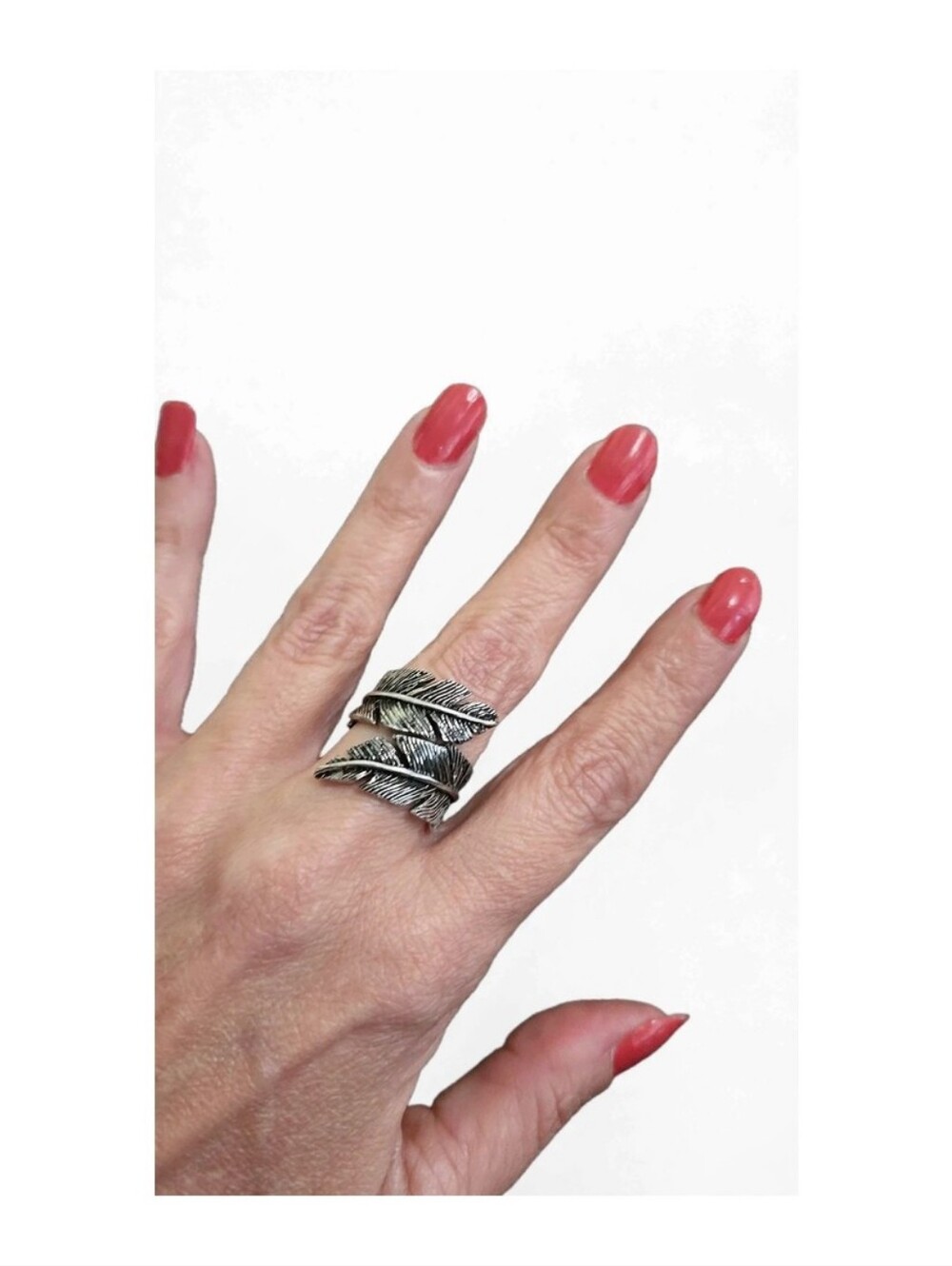 Unmarked /  Silver Toned Feather Wrap Ring -  boho tribal - infinity